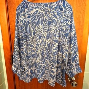 Palm Leaf Blue Print Fashion Blouse